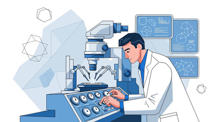 Scientist operating advanced microscopic machine with robotic arms for research exploration