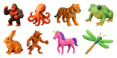 Fototapeta premium PNG Colorful low-poly animal figures, element set on transparent background