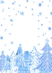 Hand drawn watercolor blue monochrome winter forest and presents postcard frame border. Illustration isolated on white background. Can be used for postcard, invitation and other printed products.