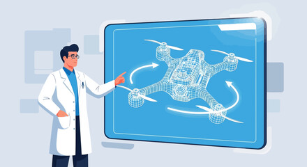 Scientist presenting drone technology blueprint on digital screen display innovation
