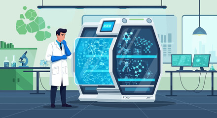 Scientist pondering results from advanced molecular research machine in laboratory setting