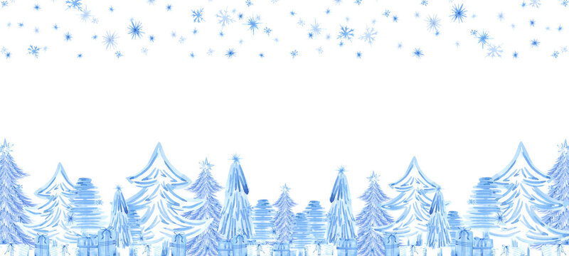 Hand drawn watercolor blue monochrome winter forest trees and presents banner frame border. Illustration isolated on white background. Can be used for banner, invitation and other printed products.