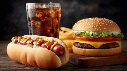 Classic fast-food meal featuring a juicy cheeseburger, hot dog with toppings and two iced sodas. Comfort food composition with rich textures and appetizing details, perfect for menus, ads