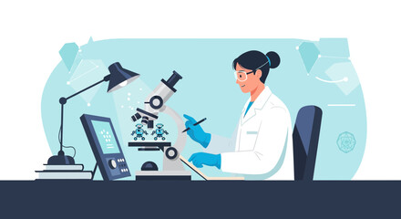 Scientist researching robots under a microscope in a futuristic laboratory setting