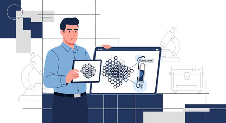 Scientist showcasing innovative renewable energy design with molecular structure on digital devices