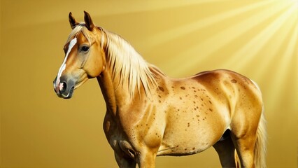 Portrait of a golden palomino horse with blonde mane standing against a radiant yellow sunlit background.
