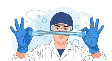 Scientist stretching a hydrogel material with gloved hands in a laboratory setting demonstrating