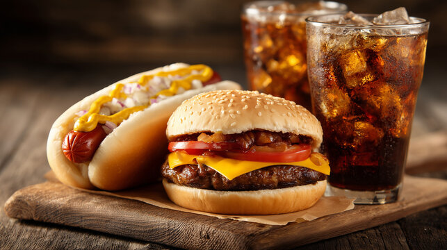 Delicious fast-food combo including a grilled cheeseburger, hot dog topped with onions and mustard, and chilled fizzy drinks. Rich atmosphere and appetizing presentation ideal for food campaigns