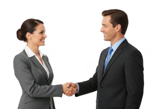 Professional businesswoman and businessman engaged in a firm handshake symbolizing partnership success and agreement against a stark black background