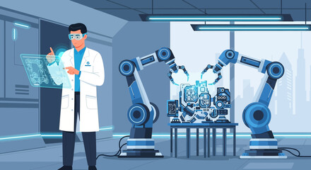 Scientist using augmented reality to oversee robotic assembly line in high tech laboratory