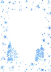 Hand drawn watercolor blue snowflakes and winter forest postcard frame border. Illustration isolated on white background. Can be used for postcard, poster and other printed products.