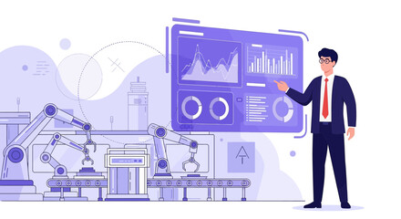 Smart factory overview showcasing robotic arms and business analytics platform presentation
