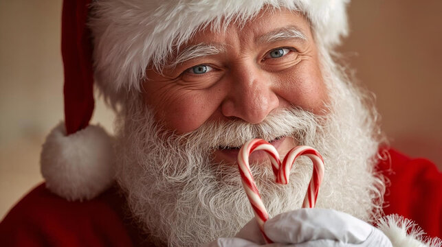 Close-up Portrait of Santa Claus Making a Heart Shape with Two Candy Canes