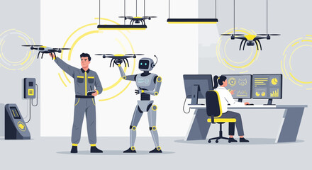 Teamwork in future drone technology laboratory with engineer robot and operator collaboration