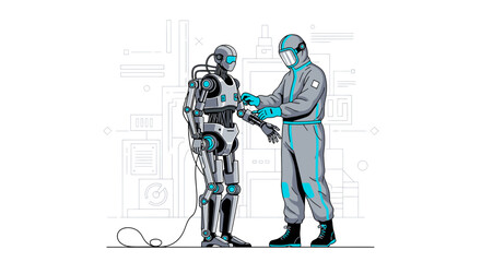 Technician in Protective Suit Examining Advanced Robot in Modern Research Facility Design