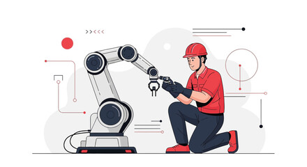 Technician inspecting a robotic arm in an advanced industrial environment modern design