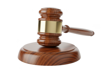 A polished wooden judge s gavel with a brass band rests on its sounding block symbolizing justice and legal proceedings against a stark black background
