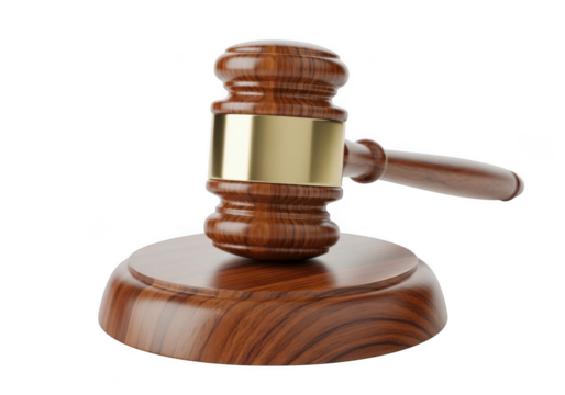 A polished wooden judge s gavel with a brass band rests on its sounding block symbolizing justice and legal proceedings against a stark black background