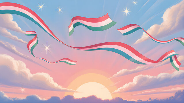 Vibrant ribbons with stars flying across a pastel sunset sky