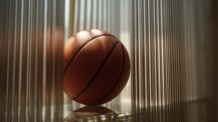 Minimalist basketball still-life with dramatic shadows and soft directional light, creating a clean modern sports composition. Ideal for athletic branding, fitness campaigns and motivational designs