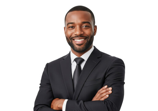 Smiling african american businessman in a sharp black suit and tie with arms crossed confidently against a stark black background