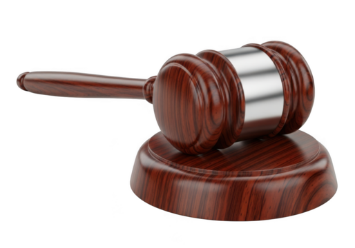 A polished wooden judge s gavel rests on its matching sound block against a stark black background symbolizing justice and legal proceedings