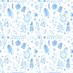 Hand drawn watercolor blue monochrome winter holiday seamless pattern. Illustration isolated on white background. Can be used for textile wrapping fabric and other printed products.