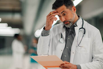 Male doctor holding clipboard experiencing medical stress