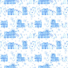 Hand drawn watercolor blue presents stockings and candy canes snowflakes seamless pattern. Illustration isolated on white background. Can be used for textile wrapping fabric other printed products.