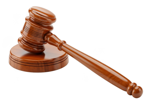 A polished wooden gavel rests on its sounding block symbolizing justice law and legal proceedings with a stark black background