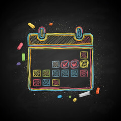 Hand-Drawn Colorful Chalk Calendar with Completed Tasks and Check marks on Blackboard, Scheduling and Project Management Concept: Visualizing Deadlines and Progress, deadlines, project management.