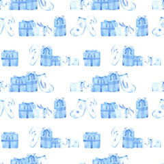 Hand drawn watercolor blue presents stockings and candy canes seamless pattern. Illustration isolated on white background. Can be used for textile wrapping fabric and other printed products.