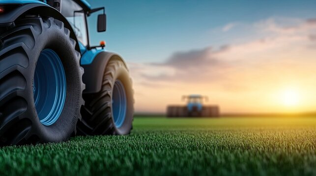 Close-up of a vibrant blue tractor in a lush green field during a stunning sunset, offering a serene moment in agricultural life