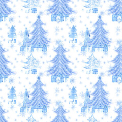 Hand drawn watercolor blue monochrome snowy Christmas trees presents seamless pattern. Illustration isolated on white background. Can be used for textile wrapping fabric and other printed products.
