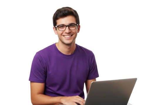 A smiling young man wearing glasses and a purple t shirt works on a laptop computer against a stark black background