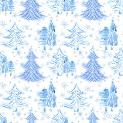 Hand drawn watercolor blue monochrome snowy winter forest trees snowflakes seamless pattern. Illustration isolated on white background. Can be used for textile wrapping fabric other printed products.