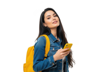 Young woman with long dark hair wearing a denim jacket and yellow backpack holds a smartphone against a black background