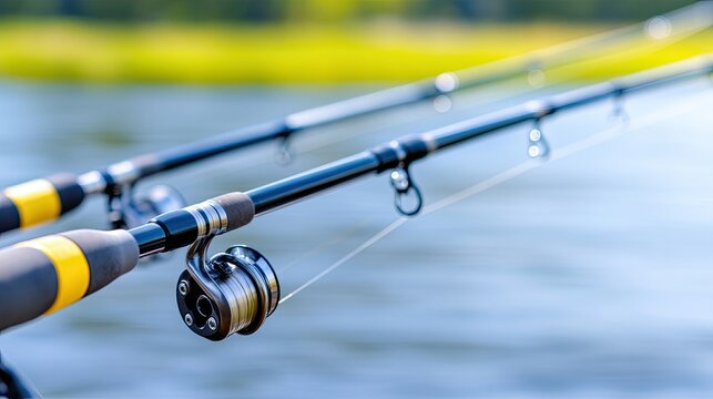 Fishing rods and reels waiting on the shores of a serene lake under the bright sun with lush greenery in the background