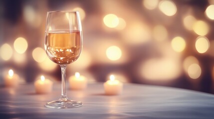 Elegant champagne glass on a table with warm, blurred candlelight bokeh, perfect for celebration or a romantic evening