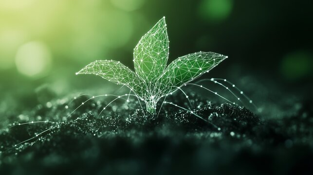 Stunning green plant emerging from soil showcasing technology and nature, representing growth, sustainability, and innovative solutions for business