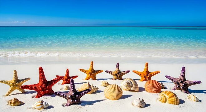 Colorful starfish and seashells on a white sandy tropical beach