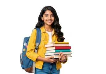 Smiling indian teenage girl with backpack and stack of books ready for school or university isolated on black background