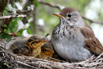 Fototapeta premium Mother bird caring for its chicks in nest