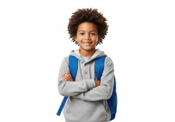 A happy young black boy with curly hair and a blue backpack stands with his arms crossed smiling confidently against a black background