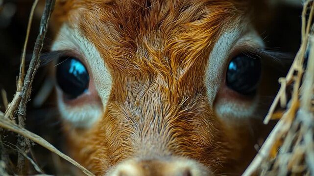 Close-up of a cow's face with blue eyes