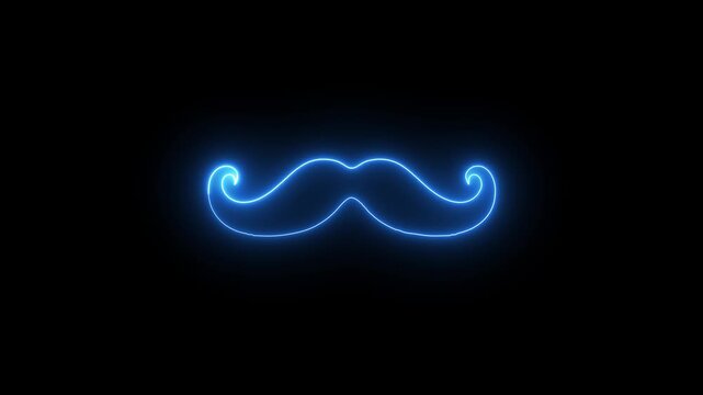 Neon blue glowing mustache symbol with curled ends on a black background Keywords: mustache, neon, blue, glow, light, symbol, icon, retro, vintage, style, facial hair, male, men, gentleman, dapper