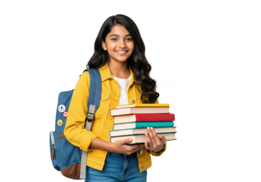 Smiling indian teenage girl with backpack and stack of books ready for school or university isolated on black background