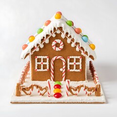 A festive gingerbread house decorated with candy canes and colorful gumdrops on a white background