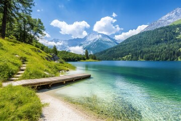 Fototapeta premium Mountain lake with wooden dock and clear water