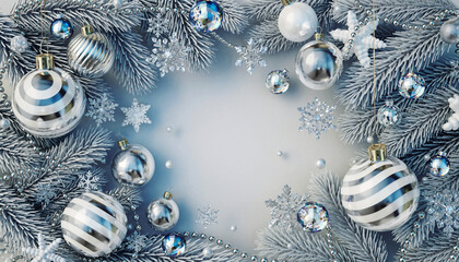 Silver Christmas Ornaments and Snowy Pine Branches Festive Holiday Background.